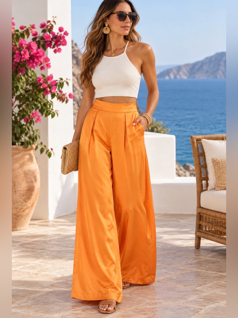 House of Harlow 1960 Orange Satin Wide Leg Pleated Pants US 2 XS High Rise